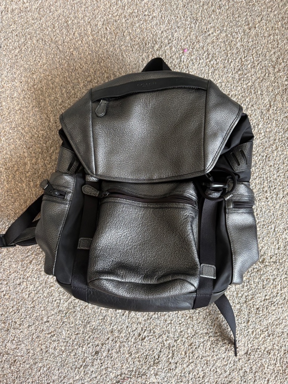 Coach Men's Gray Pebbled Leather Backpack with Black Accents